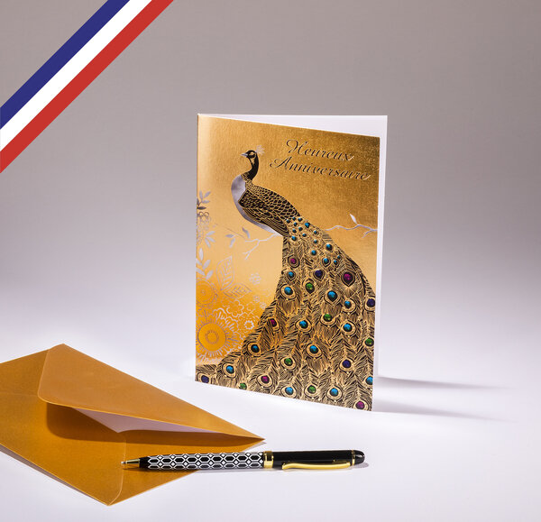 Carte double very chic créée et imprimée en france - heureux anniversaire - paon