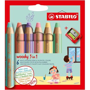 Etui carton de 6 crayons woody 3in1 + 1 taille-crayons - coloris pastel stabilo