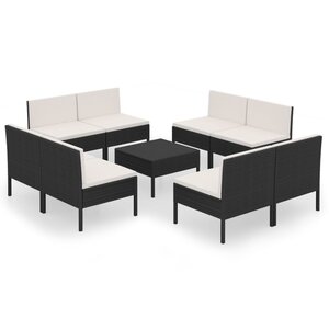 vidaXL Salon de jardin 9 Pièces avec coussins Résine tressée Noir