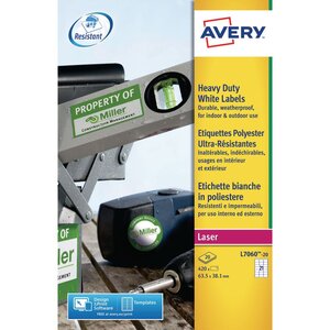 Étiquettes ultra-résistantes pour imprimantes laser, 63,5 x 38,1 mm, 20 feuilles, 21 étiquettes par feuille, blanc (paquet 420 unités)
