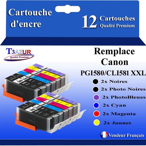T3AZUR - 12x Cartouches compatibles avec Canon PGI-580 CLI-581 XXL pour Canon Pixma TS8241 TS8242 TS8250 TS8251 TS8252 TS8300