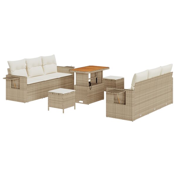 Ensemble de canapé de jardin 9 pièces avec coussins beige poly rotin acacia