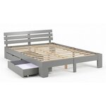 Lit double 140x200 cm gris en pin massif  2 tiroirs de rangement et sommier a lattes