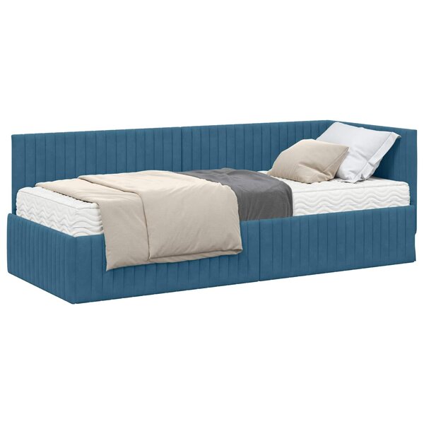 vidaXL Cadre de lit d'angle avec matelas 2 pc Bleu 80 x 200 cm Velours