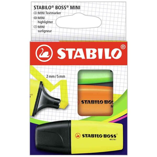 Surligneur BOSS MINI  étui en carton de 3 jaune  vert et orange STABILO