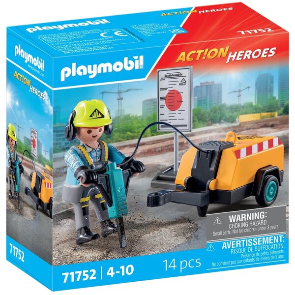 PLAYMOBIL 71752 - Action Heroes Ouvrier avec marteau-piqueur et signalisation