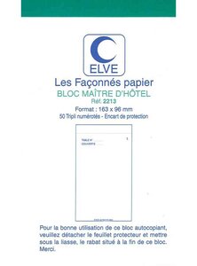 Bloc Maître d'hôtel 150 x 85mm 50 Feuillets Tripli Numérotés ELVE