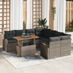 vidaXL Ensemble de salle à manger de jardin de 9 pièces avec coussins Gris Poly Rattan Acacia