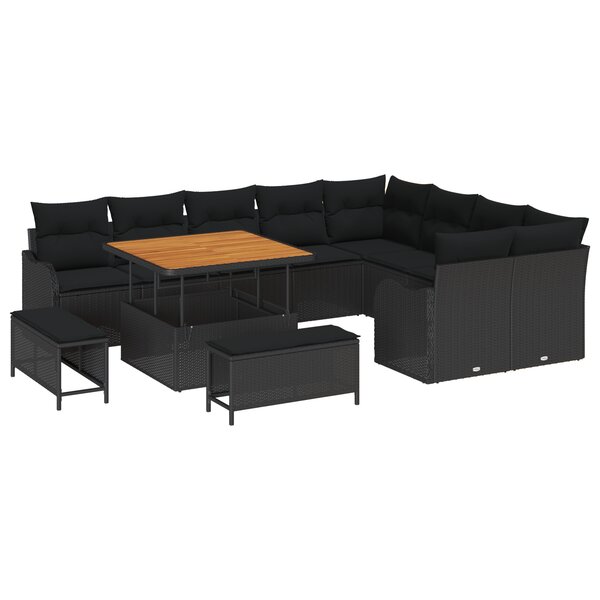 Ensemble de canapé de jardin 12 pièces avec coussins Noir Poly Rattan Acacia