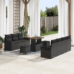 Ensemble de 10 pièces de canapé jardin avec coussins noir poly rotin acacia