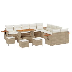 Ensemble de canapés de jardin de 14 pièces avec coussins Beige Poly Rotin Acacia