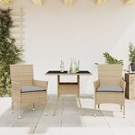 vidaXL Ensemble à manger de jardin et coussins 3 Pièces beige rotin verre
