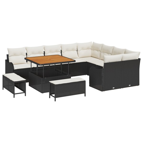 Ensemble de 12 pièces de sofa de jardin avec coussins en poly rattan noir acacia