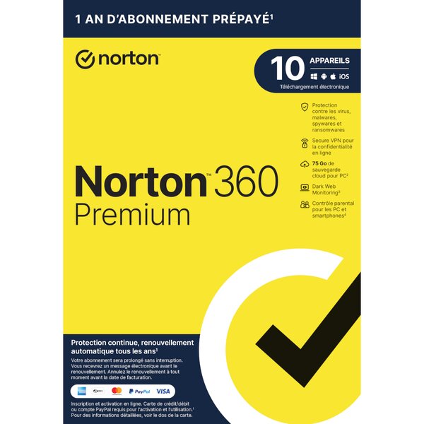 Norton 360 premium - licence 1 an - 10 postes - a télécharger