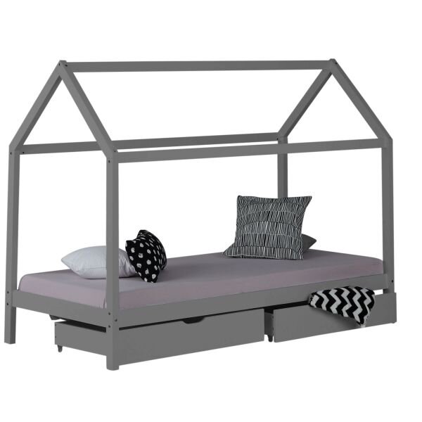 Lit Enfant avec Matelas Cadre de Lit Cabane Enfant 90x200 cm Gris Avec Tiroirs