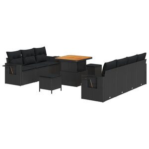 Ensemble de Sofa de Jardin 10 pièces avec Coussins Noir Rattan Poly Acacia