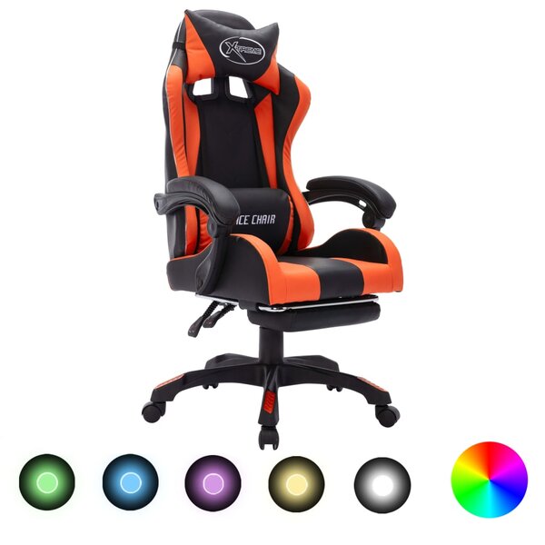 Chaise fauteuil siège pivotante de bureau informatique étude de jeux vidéo avec LED RVB et similicuir orange 02_0024210