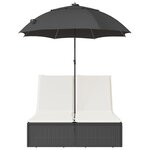 vidaXL Chaise longue double et coussins et parasol noir résine tressée