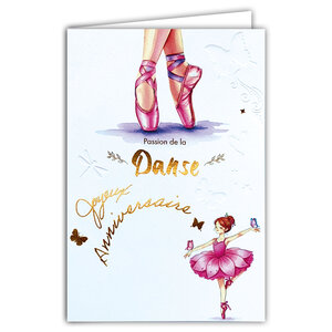 69-3123 Carte Anniversaire Danseuse Classique Ballerine pour Fille Enfant Peinture Aquarelle Mignonne -Finitions Dorure Or Doré + Gaufrage en Relief +1 Enveloppe Format 12x17cm -Fabriqué en Europe