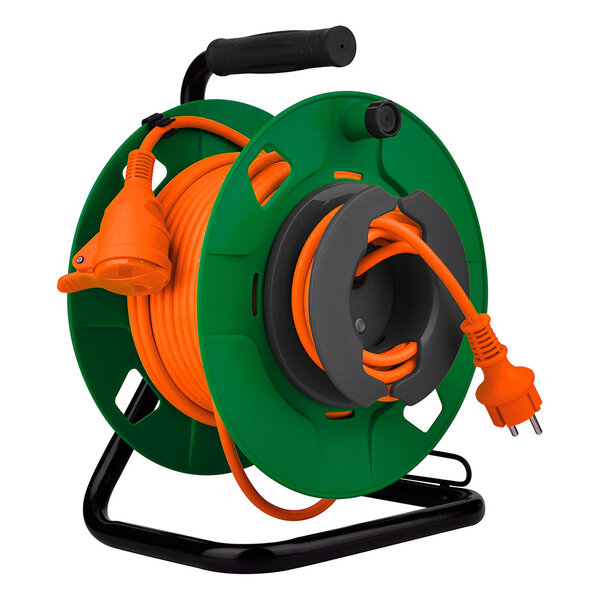Enrouleur jardin étanche IP44 câble orange 3G1 5 mm² 32+3m avec prise 16A 2P+Terre à clapet & coupe circuit - Zenitech