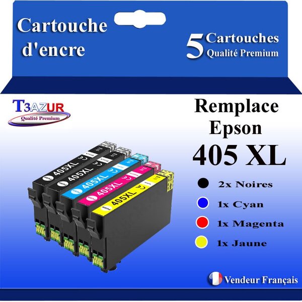 T3AZUR - 5x Cartouches compatibles avec Epson WorkForce Pro WF-7830DTWF (2Noires + 1Cyan + 1 Magenta + 1 Jaune)