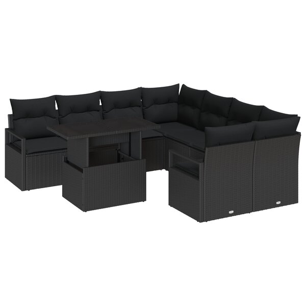Canapé de Jardin 9 Pièces avec Coussins en Rattan Noir