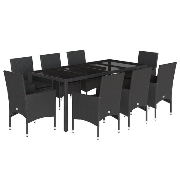 vidaXL Ensemble à manger de jardin et coussins 9 Pièces noir rotin verre