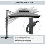 Parasol déporté rectangulaire parasol LED inclinable pivotant manivelle acier alu. dim. 3L x 3l x 2 66H m polyester gris