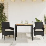 vidaXL Ensemble à manger de jardin et coussins 3 Pièces noir rotin acacia