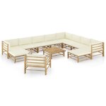 vidaXL Salon de jardin 12 Pièces avec coussins blanc crème bambou