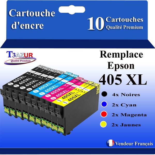T3AZUR - 10 Cartouches compatibles avec Epson 405  405 XL pour Epson Workforce Pro WF-3820 WF-3825 WF-4820 WF-4825 WF-7310 WF-7830 WF-7835 WF-7840