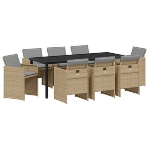 vidaXL Ensemble de salle à manger de jardin de 9 pièces avec coussins en rattan poly beige
