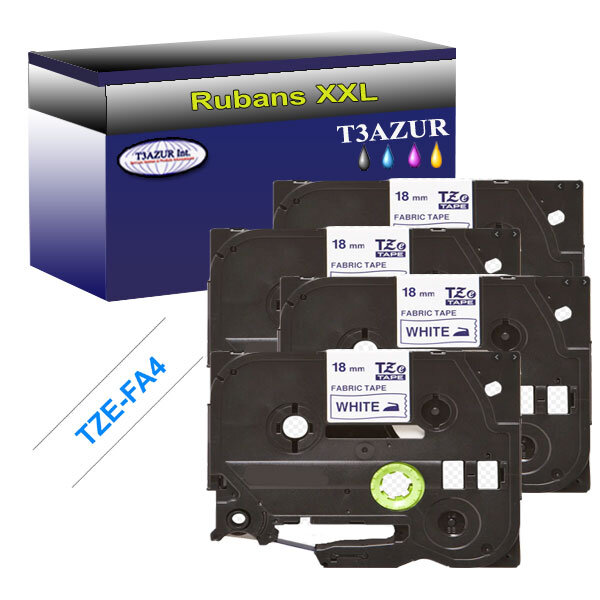 4 x Rubans d'étiquettes textile générique Brother Tze-FA4 pour étiqueteuses P-touch - Texte bleu sur fond blanc- T3AZUR