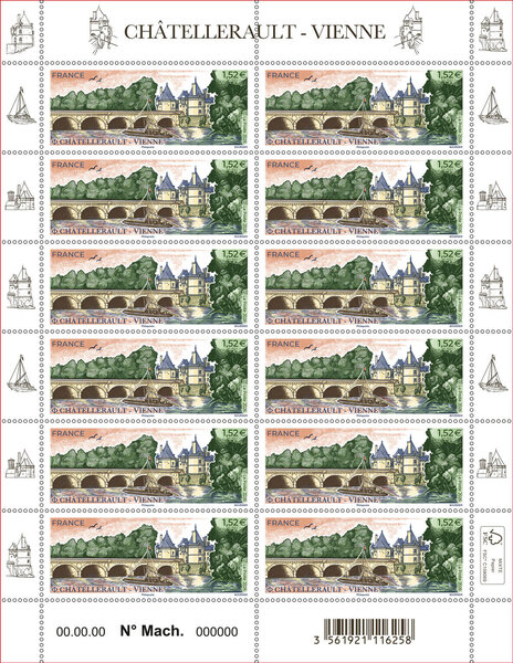 Feuille de 12 timbres - Châtellerault - Vienne - Lettre Verte