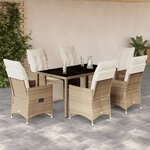 vidaXL Ensemble de bistro de jardin 7 Pièces coussins beige poly rotin