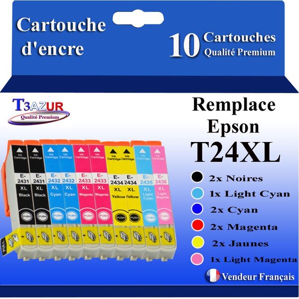 T3AZUR- 10x Cartouches Compatibles avec Epson 24XL 24 XL remplace Epson Expression Photo XP-850 XP-750 XP-950 XP-55 XP-860 XP-760 XP-960 XP-970