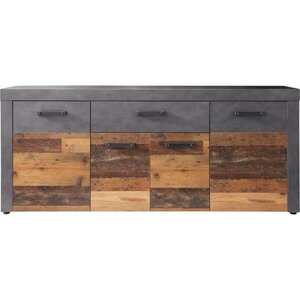 Buffet bas INDY 4 Portes et 1 Tiroir - Mélaminé bois vieilli et gris mat - 178 x 40 x 77 cm
