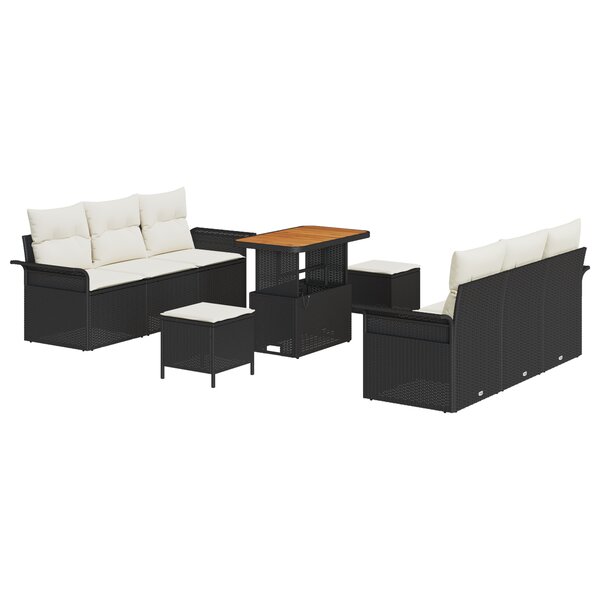 Ensemble de canapés de jardin 9 pièces avec coussins en noir rattan poly acacia