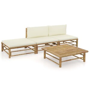 Salon de jardin meuble d'extérieur ensemble de mobilier 4 pièces avec coussins blanc crème bambou 02_0016088