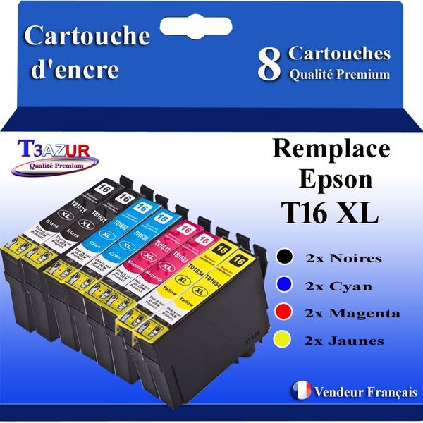 T3AZUR- 8x Cartouches Compatibles avec Epson T1631 T1632 T1632 T1634 T16XL