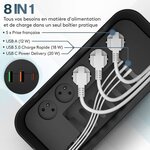 ACROPAQ Boite cache cable compatible France- cache multiprise avec multiprise intégrée- USB-A et USB-C- Rangement cable- 2500W- Noir