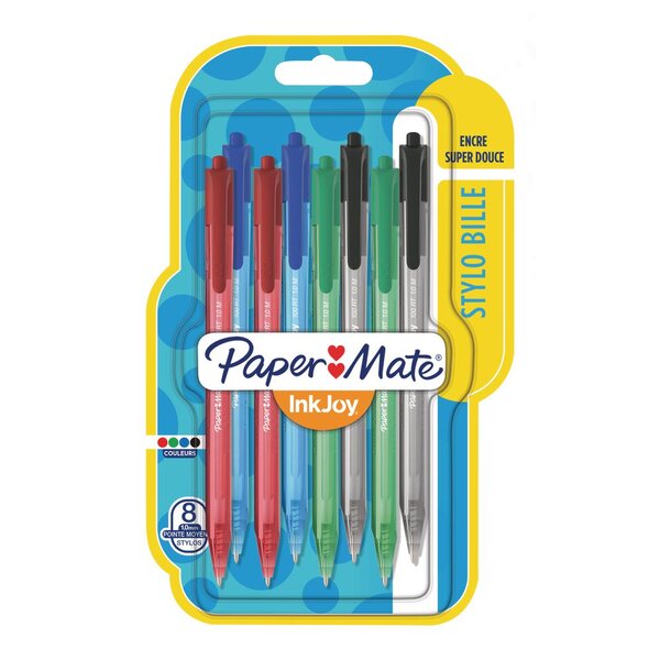 InkJoy 100 RT - stylo à bille, pointe moyenne 1 mm - Pochette de 8 assortis (boîte 8 unités)