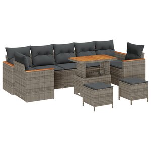 Ensemble de canapé de jardin vidaXL 10 pièces avec coussins gris Poly Rattan Acacia
