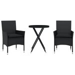 vidaXL Ensemble de bistro avec coussins 3Pièces noir résine tressée verre