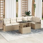 Ensemble de Canapés de Jardin 7 Pièces avec Coussins Beige Rattan Poly