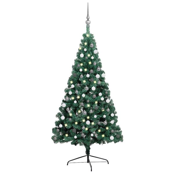 vidaXL Demi-arbre de Noël artificiel pré-éclairé et boules vert 210 cm