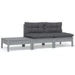 vidaXL Salon de jardin 3 Pièces avec coussins Gris Bois de pin massif