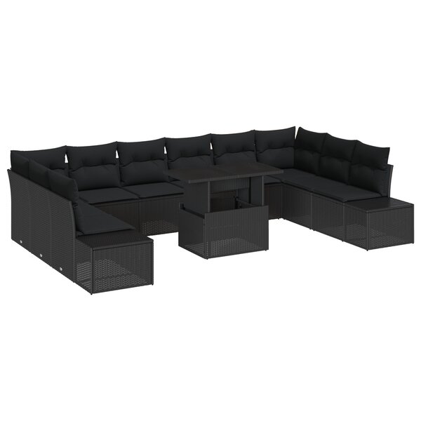vidaXL Set de canapé de jardin 11 pièces avec coussins en poly rattan noir
