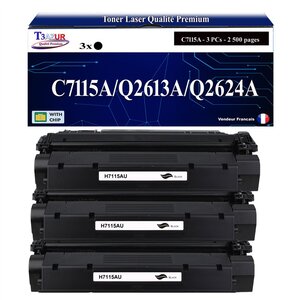 T3AZUR -3x Toners compatibles avec HP C7115A pour LaserJet 1000  1005  1200  1200N  1200SE  1220  1220SE  3300  3310 MFP  3320 MFP  3320N MFP  3330 MFP  3380