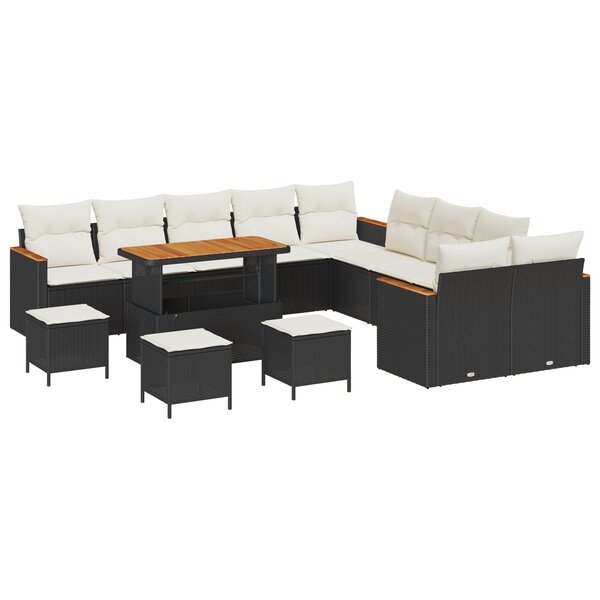 Canapé de Jardin 14 pièces avec Coussins Noir Rattan Poly Acacia